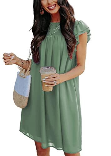 KIRUNDO Wedding Guest Shift Dresses for Women Short Spring Summer Ruffle Cap Sleeve Chiffon Babydoll Flowy Mini Sundress(Bean Green, Size XL