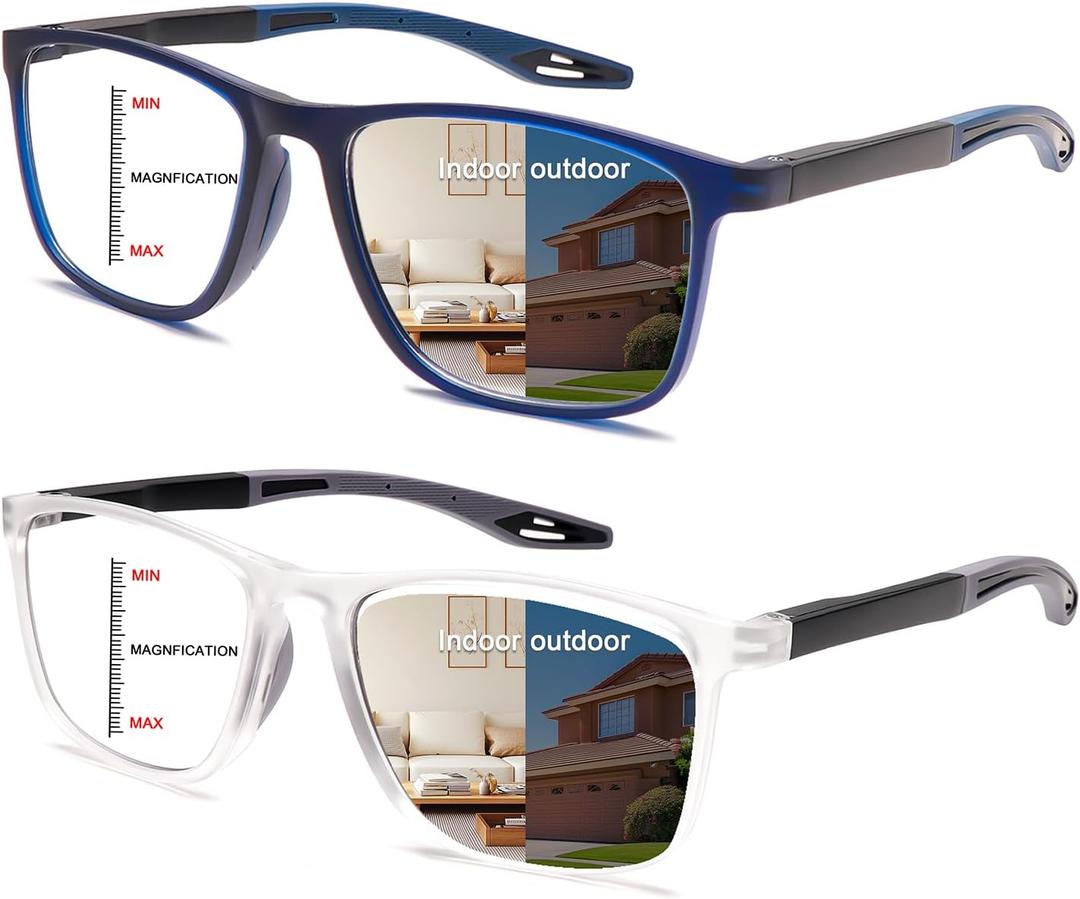 CLASAGA Progressive Multifocal Reading Glasses for Men Photochromic Gray Sunglasses Sports Style Blue Light Blocking Readers (Blue&Clear, 1.0, x)