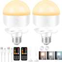 E26 Rechargeable Light Bulbs,Magnetic LED Portable Bulb with Remote and Timer, Battery Operated and Dimmable 3 Color Temperatures Backup Bulb for Sconces and Bedside Lamps Non-Hardwired Fixture,2 Pack