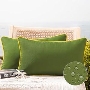 Phantoscope Pack of 2 Outdoor Waterproof Throw Pillow Covers with Contrast Piping, Decorative Square Cushion Case Patio Pillows for Couch Tent Sunbrella, Dark Green 12x20 inches