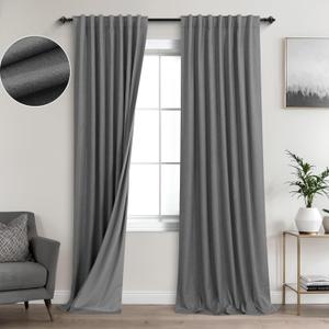 KOUFALL Grey Linen Black Out Curtains 96 Inches Long 2 Panels Set,Blackout Dark Charcoal Gray Gamer Gaming Curtains for Boys Room Bedroom