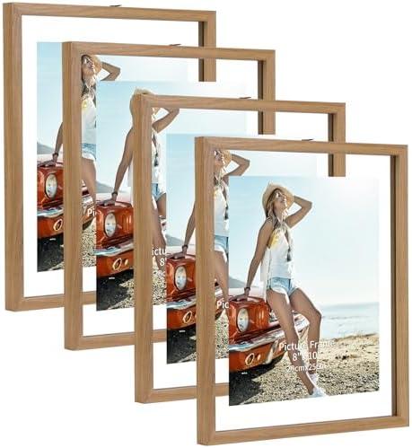 Trwcrt 4 Pack 8x10 Picture Frame, Double Glass Floating Picture Frames Display up to 10 x 12 Photos for Desktop or Wall Hanging,Natural