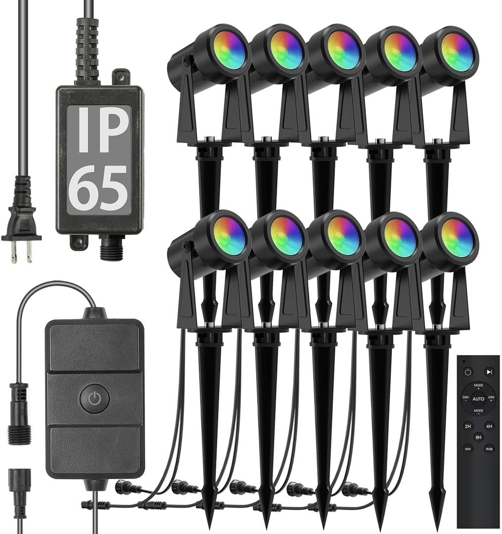 SUNTHIN Outdoor Landscape Lighting with Remote, RGBW Color Changing Spot Uplights,10 Pack