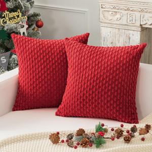 Kevin Textile Christmas Red Decorative Throw Pillow Covers 2 Packs 20"x20" for Living Room Couch Bed Sofa, Soft Striped Corduroy Square Cushion Case 50x50 cm Rustic Farmhouse Boho Home Decor