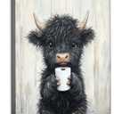 Highland Cow Wall art, Funny Farmhouse Cow Canvas Bathroom Wall Art Decor, Cute Black Cow Holding a Toilet Paper Roll Artwork Paintings for Bathroom Toilet Restroom Washroom Wall Decor 16x24''