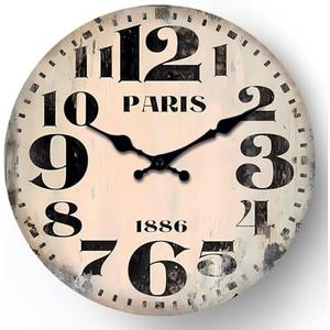funsec Wall Clock 12 Inch Wall Clock Vintage Paris Clock, Large Round Face, Distressed Cream Color, 1886 Design