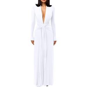 DAAWENXI Women's Sexy Deep V Neck Maxi Dress Long Sleeve Tie Wedding Guest Cocktail Evening Dresses (White, S)