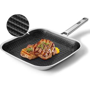 SNOWCLAD Nonstick Grill Pan,12 Inch Square Steak Grilling Pan for Indoor Cooking & Outdoor Grilling, Non Stick Stainless Steel Grill Skillet Steak Pan, PFOA Free cookware