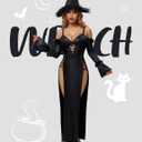 Spooktacular Creations 2 Pcs Witch Costume Women, Halloween Costume 2025 with Witch Dress Hat Accessory for Halloween Cosplay (Black, L)