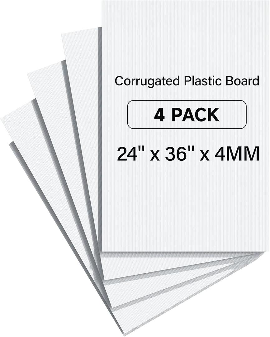 PEKGRIL 24" x 36" Corrugated Plastic Board, 4MM Thick Thick Blank Poster Board, Waterproof Coroplast Sheets, White Corrugated Plastic Sheets, 4 Pack