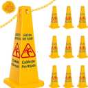 10 Pcs 26.3" Floor Cone Yellow Caution Sign, 4-Sided Bilingual Signs, English/Spanish, Public Caution for Indoors and Outdoors(with a chain)