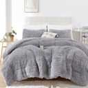Smoofy Fluffy Queen Comforter Set, Faux Fur Comforter Set Queen Size, Luxury Fuzzy Bedding Set, Soft Shaggy Bed Set for All Season, 3 Pieces - 1 Comforter & 2 Pillowcases, Grey