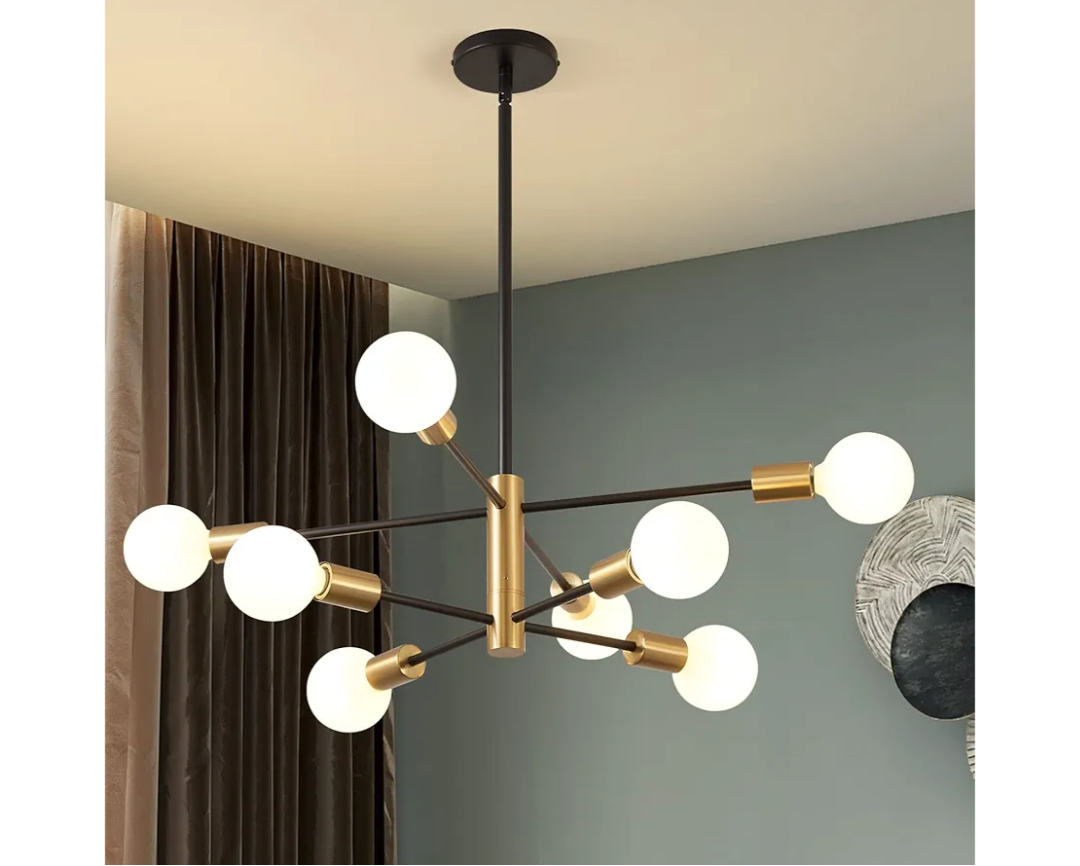 KAISITE Modern Sputnik Chandelier - 8-Light Ceiling Light Fixture Height Adjustable Mid Century Plating Finished Black and Gold Chandelier for Bedroom Living Room Dining Room Kitchen Foyer