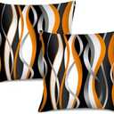Orange Black Throw Pillow Covers Set 2 Pcs, Abstract Wave Pattern Decorative Pillowcases, Modern Burnt Orange Pillows for Couch, Square Pillow for Living Room for Sofa Bed Decor