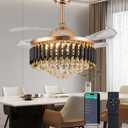 48" Dimmable Gold Fandelier Crystal Ceiling Fans with Lights and Remote Modern Retractable Blade Chandelier Ceiling Fans for Bedroom Dinning Room Living Room