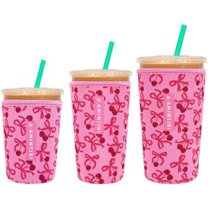 3 Pack Reusable Sleeve for Iced Coffee Cup, Coffee Neoprene Sleeve for Iced&Hot Drinks, Coffee Sleeve Compatible with Starbucks, Dunkin Coffee Cup. (Cherry&Bow)