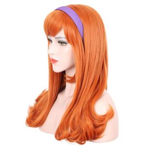 karlery Adult Women Long Curly Orange Bangs Wig Halloween Cosplay Costume Party Wig (Free Purple Headband and Wig Cap)