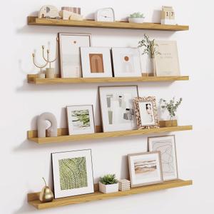 Fun Memories 36 Inch Floating Shelves for Wall - Wall Shelves with Lip Set of 4 - Nursery Bookshelf for Storage - Picture Ledge Shelf for Bedroom - Living Room - Kitchen - Oak Color