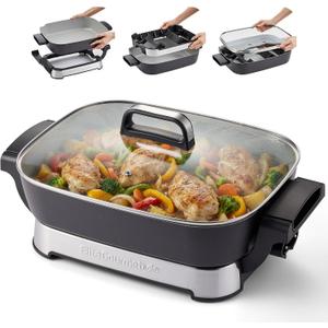 Elite Gourmet 15" x 12" x 3" Stow-Away Foldable Electric Skillet, Ceralast PFAS Free Ceramic, 1500W Rapid Heat, Dishwasher Safe Pan & Lid, Black/Grey