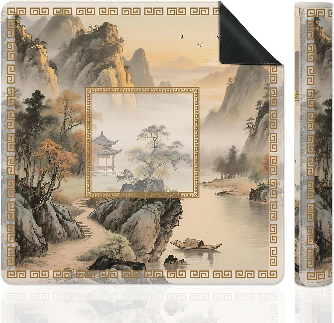 Chinoiserie Mahjong Mat for Table, Traditional Asian Chinese Pavilion Mountain Landscape 31.5" x 31.5" Non-Slip & Noise Reduction Mahjong Mat for Poker Dominoes Cards & Board Games