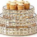 Set of 3 Gold Crystal Mirror Cake Stands, 14"/12"/10" Round Decorative Trays with Replacement Crystals & Mirror Glass, for Wedding Dessert Table, Vanity Perfume Organizer, Home & Party Display