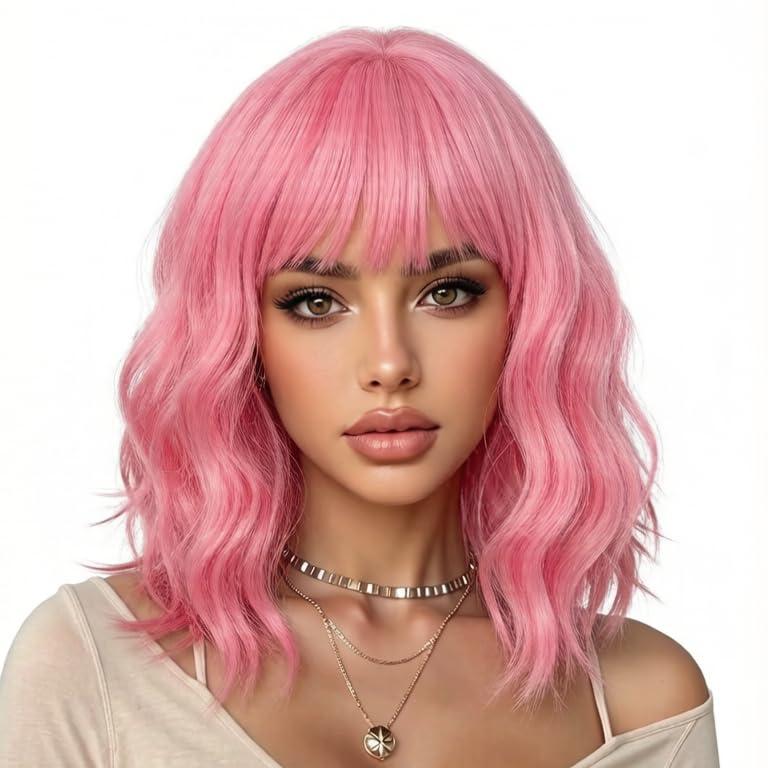 eNilecor Pink Wig for Women,Short Wavy Curly Bob Hair Wig with Bangs,14" Natural Synthetic Party Costume Cosplay Halloween Colored Colorful Color Wigs For Women