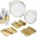 Prestee 600-Piece Disposable Party Dinnerware Set for 100 Guests - Gold Silverware Disposable with Plates, Cups, Knives, Forks, Spoons - Elegant Utensils for Wedding, Reception and Events Supplies