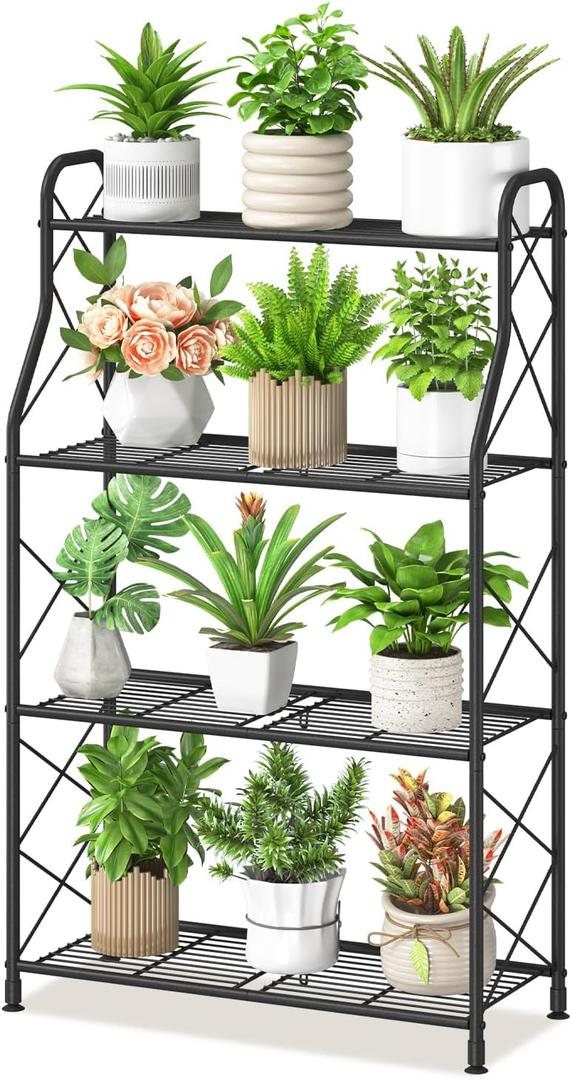 iDavosic.ly 4 Tier Plant Stand Indoor, Metal Tiered Corner Flower Display Holder Shelf Outdoor for Large Pots, Tall Rack for Patio Porch Garden Balcony Living Room, Modern Black