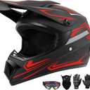 Youth Kids Dirt Bike Motocross Helmet (Goggles Gloves Face Mask) 4PCS Set, DOT Approved Boys Girls Full Face Motorcycle Helmets, ATV BMX MX Mountain Bike Off Road Kid Helmet (Red, L)