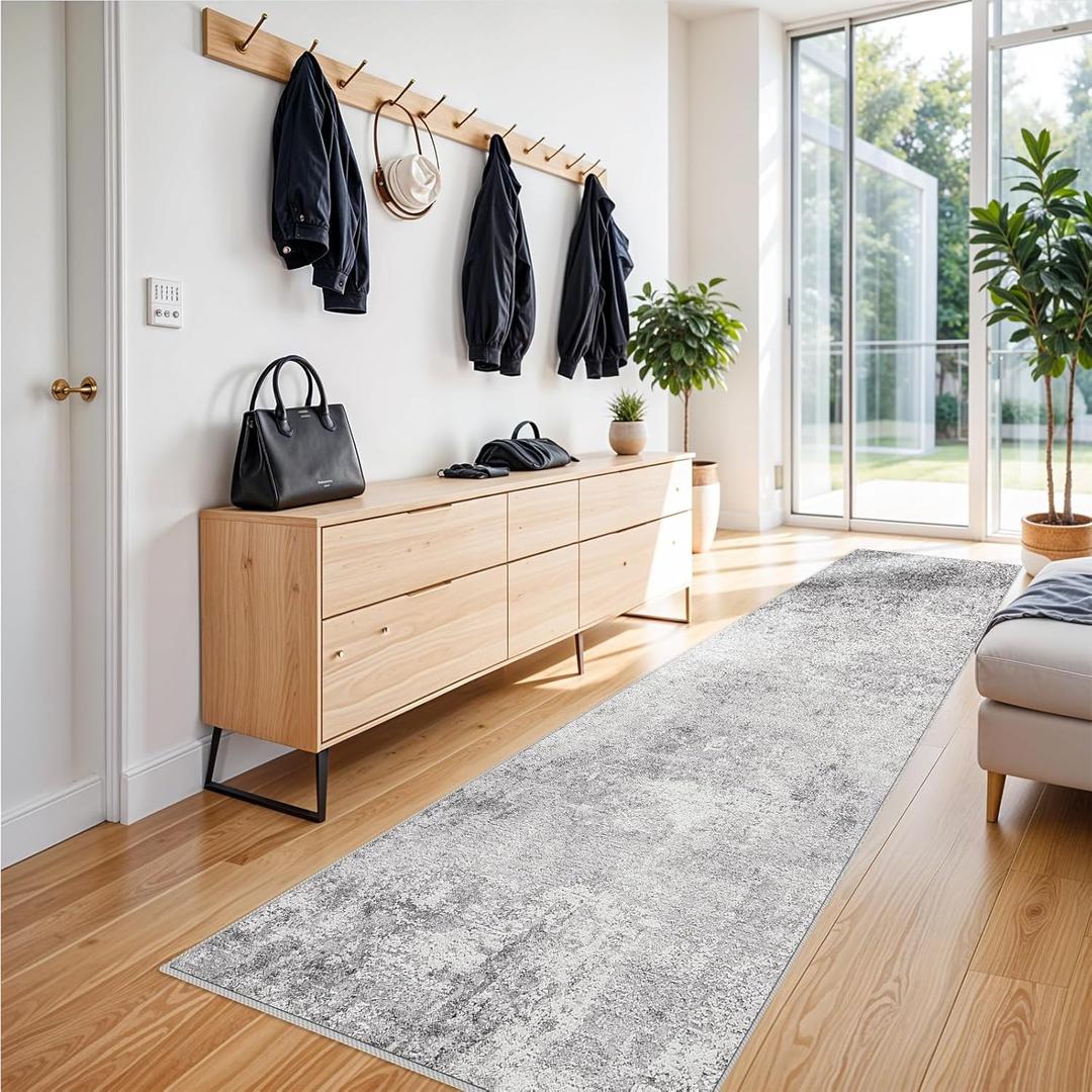 Washable 3x12 Hallway Runner Rug - Runner Rugs Modern Stain Resistant Indoor Mat Rug Runner for Laundry, Bedroom Non Slip Rubber Backing Thin Super Soft Room Decor Floor Carpet 3x12 Grey