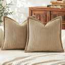 Mecatny Corduroy Summer Throw Pillow Covers 18x18 Set of 2, Neutral Decorative Soft Boho Couch Pillow Covers with Broadside for Sofa Living Room, Khaki