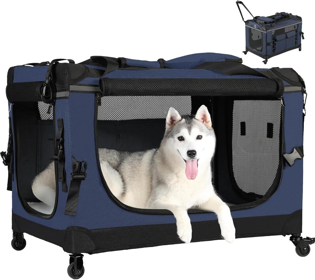 PEGIC 30IN Soft Collapsible Dog Crate w Detachable Wheels, Rolling Travel Dog Crate for Medium Breed Dogs, Portable Dog Kennel with Mesh Windows, Indoor & Outdoor Uses