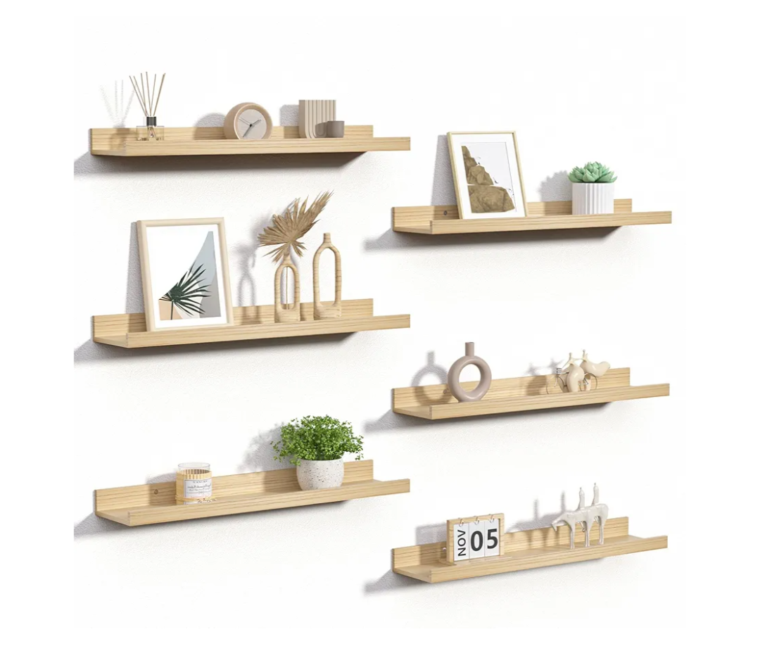 upsimples Floating Shelves for Wall, Wood Mounted Shelf Decor Storage Set of 6, for Bedroom, Living Room, Bathroom, Kitchen, 23.6 inch Long Picture Ledge, Natural