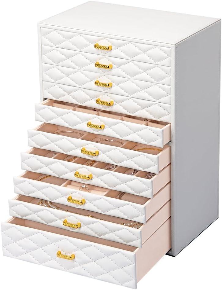 Extra Large Jewelry Box Organizer with 10 Drawers - Premium Faux Leather Storage Case & Velvet Lining | Modern Scandinavian Design for Rings, Necklaces, Earrings (WHITE)