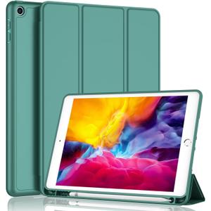 iPad 9.7 Case (2018/2017 Model, 6th/5th Generation), Smart Cover with Pencil Holder and Soft Baby Skin Silicone Back and Full Body Protection, Auto Wake/Sleep Cover (Midnight Green)
