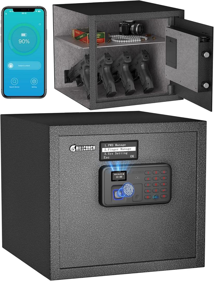 Billconch Smart Gun Safe for Multiple Pistols - Automatic Lock Safe Box with LCD Display/Voice Guide, Quick Access Unlock with Fingerprint/Keypad/Key/App, Biometric Handgun Safe for Money Valuables