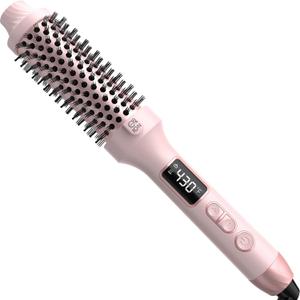 Nimmu Thermal Brush for Blowout Look, 1.5 inch Heated Round Brush, Curling Iron with 10 Temperature Control, Hot Styler Dual Voltage for Travel, Pink