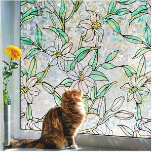 Coavas Window Privacy Film, Heat Control Sun Blocking Rainbow Stained Glass Window Film, Floral Design Static Cling, Non Adhesive Windows Tint for Bathroom Front Door, 35.4" x 118.1" 
