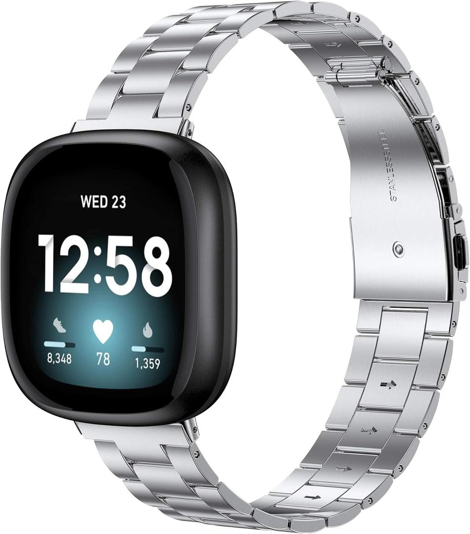Wearlizer Compatible with Fitbit Versa 4/3 Bands/Fitbit Sense Bands for Women & Men, Stainless Steel Ultra-Thin Lightweight Metal Replacement Strap for Versa 4/Sense (Silver)