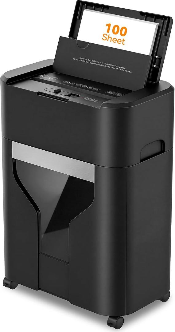 100-Sheet Auto Feed Paper Shredder, 40 Min Non-Stop, Shredders for Home Office Heavy Duty, P-4 Ultra Security Shredder for Home Office, Cross-Cut with Wheels, 4.5 Gal Bin, <63 dB (OL100)