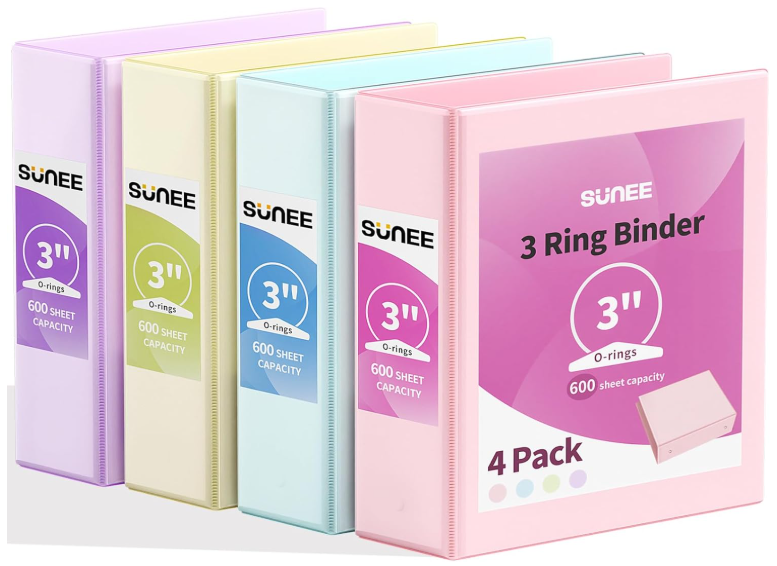 SUNEE 3 Ring Binder 3 Inch 4 Pack, 3" Large Clear View Binders Three Ring PVC-Free (Fit 8.5x11 Inches) for School or Office Supplies, Assorted Pastel
