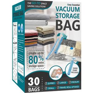 Cozy Essential 30 Pack Vacuum Storage Bags, Space Saver Vacuum Storage Bags, Vacuum Seal Bags for Clothing, Clothes, Comforters and Blankets, Pillow, Bedding