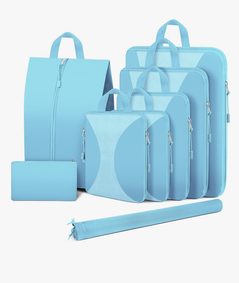 6 Set Compression Packing Cubes for Travel, Packing Cubes Compression Travel Accessories Expandable Packing Organizers for Carry on Luggage Suitcase Light Blue