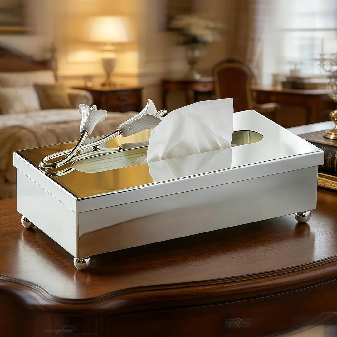 Silver Tissue Box Cover RectangleGuest Towel Holder Tray for Bathroom Napkin Organizer for Disposable Paper Towels, Elegant Hand Towel Box for Powder Room,Luxurious Napkin Box for Dressing Room
