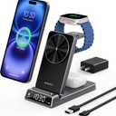 3 in 1 Charging Station for Apple, ELECDOV Magnetic Charger for iPhone, Foldable Wireless Charger with Clock, Travel Watch Charger Stand for iPhone 17/Air/16/15 Series, iWatch 10/AirPods 4 (Grey)