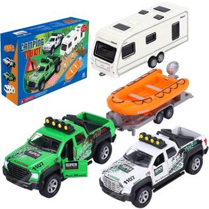 G.C 4 Pack Pickup Truck Trailer Toys for Boys Kids Toy Camper Boat Diecast Truck Vehicle 1:36 Scale Pull Back Metal Car Toys Playset with Light Sound