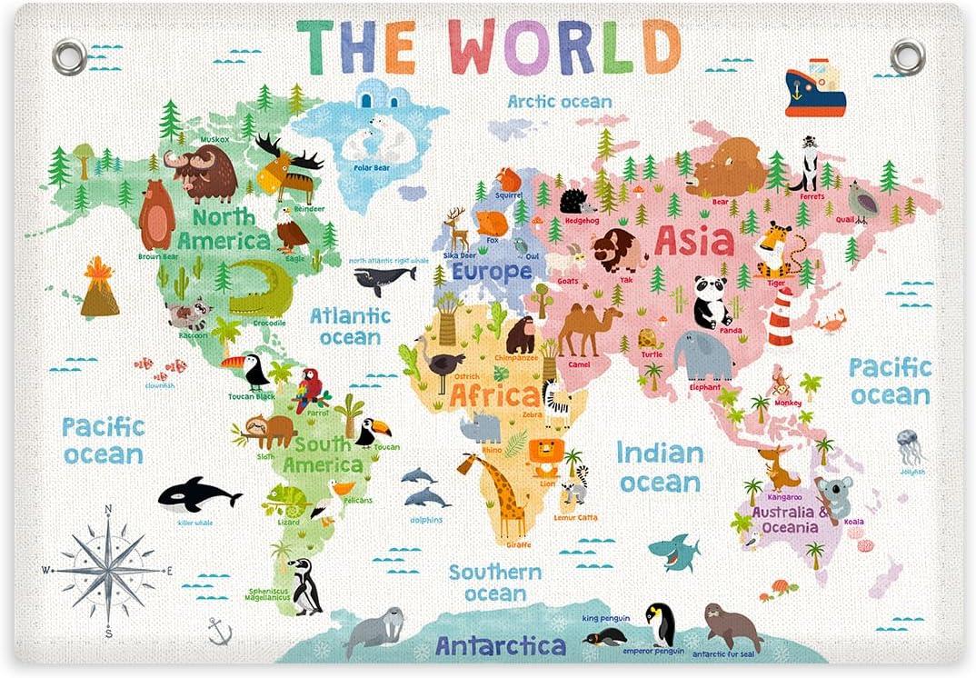 World Map Banner Playroom Decor Wall Hanging, Playroom Wall Decor Educational Banner Flag, Cute Cartoon Animal Wall Flag Nursery Bedroom Toddler Room Decor Classroom Decorations, Banner for Room