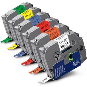 Labelwell 6-Pack TZ Tape 12mm 0.47 Laminated Compatible for P Touch Label Tape TZ TZe-B31 231 131 431 531 631 TZe231 for PTouch PT-H110 D210 D220 H103W, Flu.Orange/White/Red/Blue/Yellow/Green