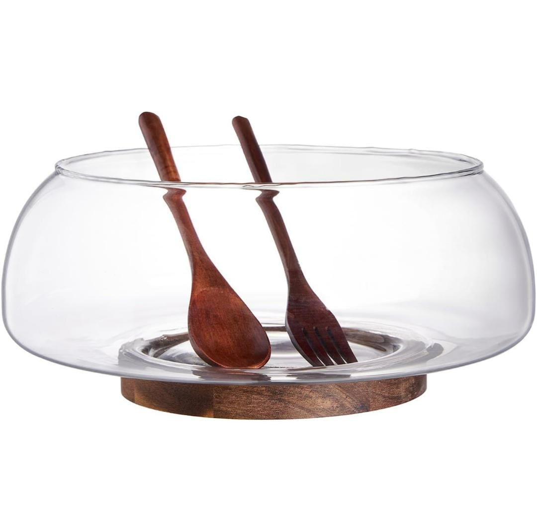 Large Glass Salad Bowl Set with Acacia Wood Base and Salad Serving Utensils, Salad Servers for Party, Fruits, Popcorn, Chips, Pasta, Kitchen Must-Have