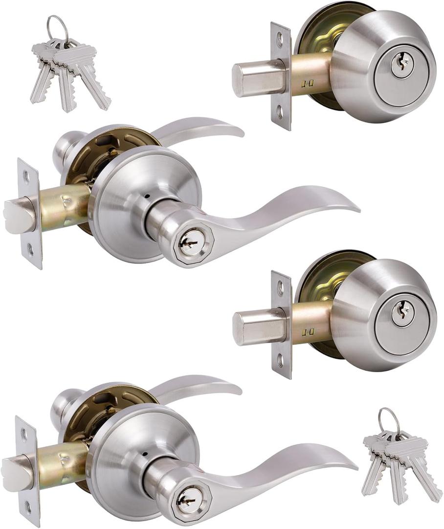 (2 Pack) Keyed Alike Front Door Lever Lockset with Single Cylinder Deadbolt Combination Set Wave Style Lever, Front Door/Exterior Door Knob with Lock and Deadbolt Satin Nickel Finished